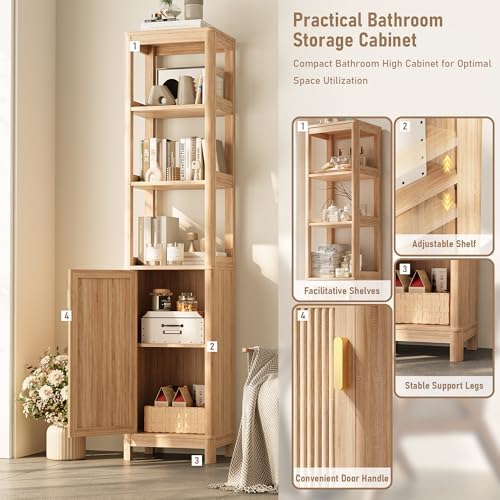 INNOD 68'' Tall Narrow Storage Cabinet with Adjustable Shelf and Door, Bathroom Storage Cabinet, Space Saver for Bathroom, Kitchen, Living Room, Natural Oak