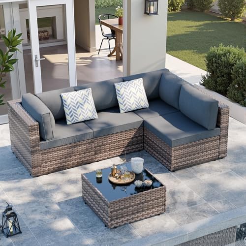 SUNLEI 8 PCS Patio Furniture Set with 45" 50000BTU Gas Propane Fire Pit Table, All Weather PE Wicker Rattan Patio Conversation Sofa with Coffee Table (Brown Rattan Grey, 5 Pcs)