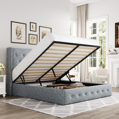 Allewie Queen Size Lift Up Storage Button-Tufted Bed Frame Blue Grey