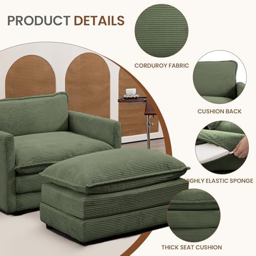 ROWHY 41'' Single Armchair with Ottoman, Modern Corduroy Cloud Couch with Convertible Chaise, Upholstered Sofa Set for Living Room, Green