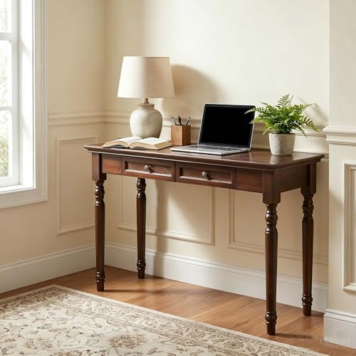 47" Narrow Solid Wood Writing Desk with Drawers, Walnut