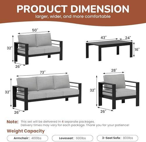 Solaste 7-Seaters Aluminum Outdoor Patio Furniture Set, Patio Sectional with 5" Thick Cushion, Outdoor Furniture with Coffee Table, Patio Sofa for Porch, Backyard, Deck, Yard, Light Grey