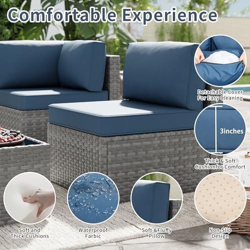 SUNLEI 5 Piece Patio Furniture Sets, Low Back All-Weather Rattan Sectional Sofa with Tea Table&Washable Couch Cushions, Patio Furniture Sets, Silver Rattan (Aegean Blue)