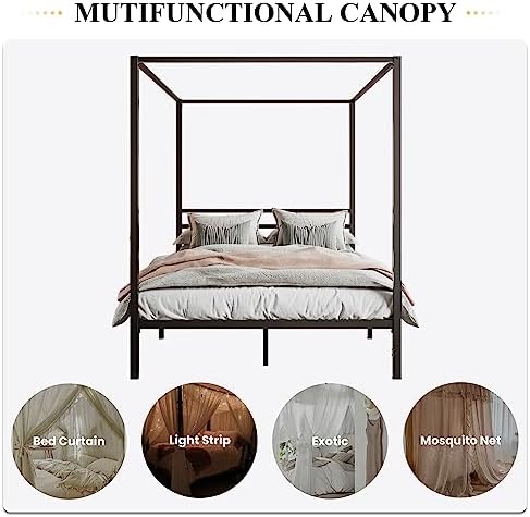 SHA CERLIN Queen Size Canopy Bed Frame with Heavy Duty Metal Slats, Black