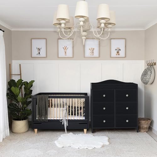BOLUO Black Changing Table Dresser with 6 Fabric Drawers, Baby Dresser with Changing Table Top Diaper Changing Station with Storage for Nursery Modern