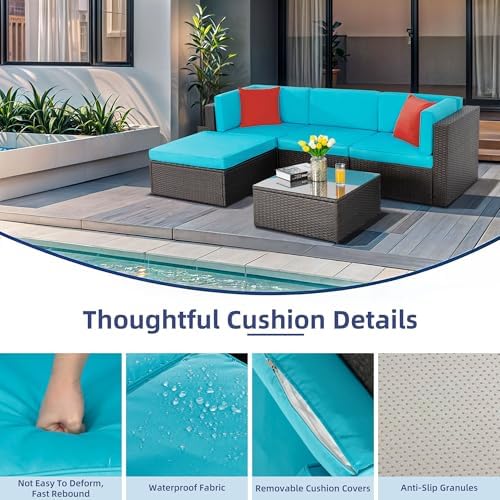 Vongrasig 5 Piece Patio Furniture Sets, Outdoor Couch Sectional Patio, Blue