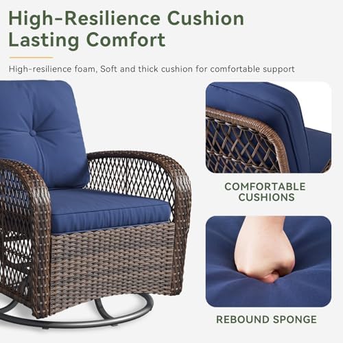 Aoxun 3 Pieces Patio Furniture Set, Patio Swivel Rocker Chairs Set of 2, Wicker Outdoor Bistro Set with Rocking Chair, Thickened Cushions and Table for Porch (Blue)