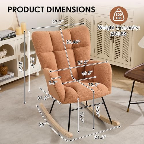Nursery Rocking Chair, Teddy Upholstered Glider Chair with Thick Cushion, Tufted Gliding Rocker Chair with Wood Leg, Cozy Rocking Armchair, Accent Rocking Chair for Living Room (Kahaki)