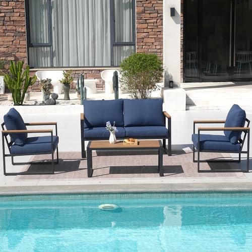 4 Pieces Metal Patio Furniture Set for Outdoor Balcony, Blue