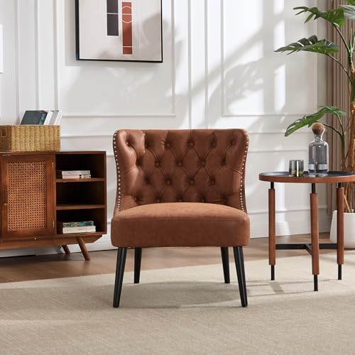 Kmax Accent Chair, Leather Slipper Chair with Button Tufted Wingback, Armless Living Room Chair with Nails Decorative Modern Side Chair for Bedroom Reception Small Space - Pu Brown, Black Legs