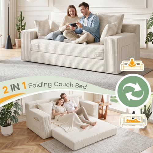 Boneless Couch for Living Room, 3 Seater Convertible Sofa Bed in A Box, Folding Pull Out Couch with Comfy Corduroy, Loveseat Sleeper Floor Sofa with 5 Pillows, No Assembly Required, Beige