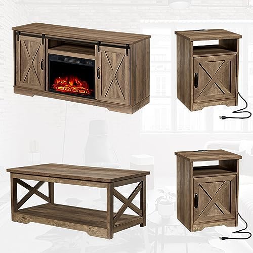 AMERLIFE Living Room Furniture Set, 59" Barnwood TV Stand with Fireplace