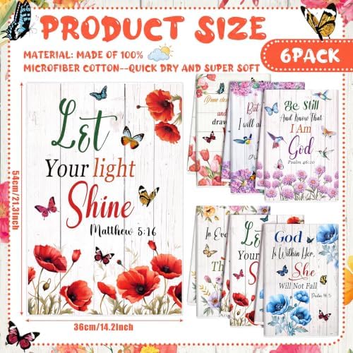Redbaker 6 Pcs Christian Kitchen Towels, Floral Religious Dish Towel, Bible Absorbent Farmhouse Decorative Fast Drying Tea Dishcloth with Hanging Loop for Kitchen Bathroom Home Housewarming Gift