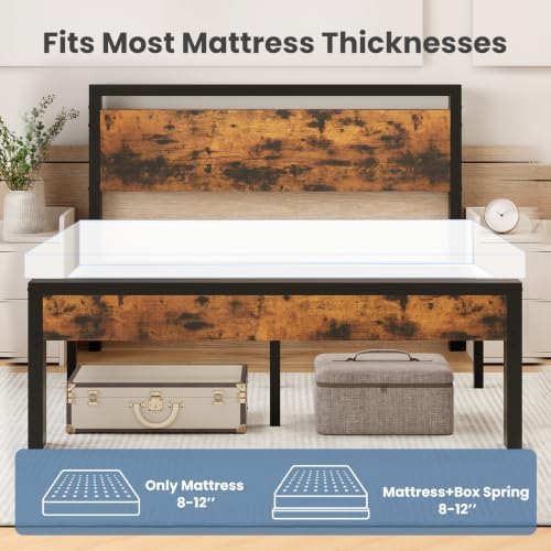 Sweetcrispy Queen 14 Inch Platform Bed Frame with Headboard & Storage, Rust