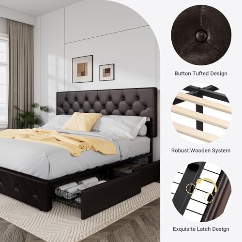 Allewie King Size Storage Bed Frame with 4 Underbed Drawers, Upholstered Platform Bed with Adjustable Headboard, Diamond Button Tufted, Easy Assembly, Noise-Free, No Box Spring Needed, Brown