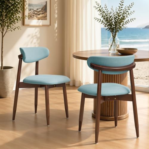 CHUN YI Dining Chairs Set of 2, Upholstered Solid Wood Dining Room Chairs, Mid Century Modern Fabric Kitchen Chairs with Ergonomic Curved Back, Blue
