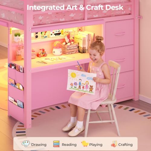 BTHFST Low Loft Bed Twin with Desk, Stairs, 6 Storage Drawers, Pink