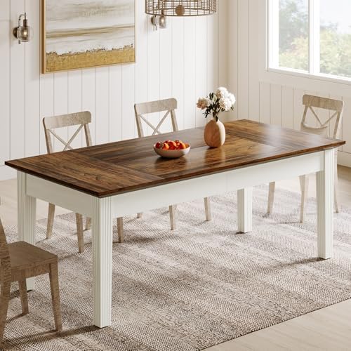 Tribesigns Dining Table for 4-6 People, 63-Inch Rectangular Kitchen Table with Solid Wood Legs, Farmhouse Dinner Table for Dining Room, Kitchen, Rustic Brown & Cream White