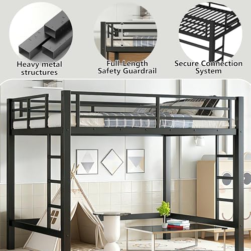 Bellemave Full Size Metal Loft Bed Frame with 2 Ladders, High Guardrail & Sturdy Iron Construction, Space-Saving Adult Loft Bed for Dorms, Safe for Kids, Teens, No Box Spring Needed, Black