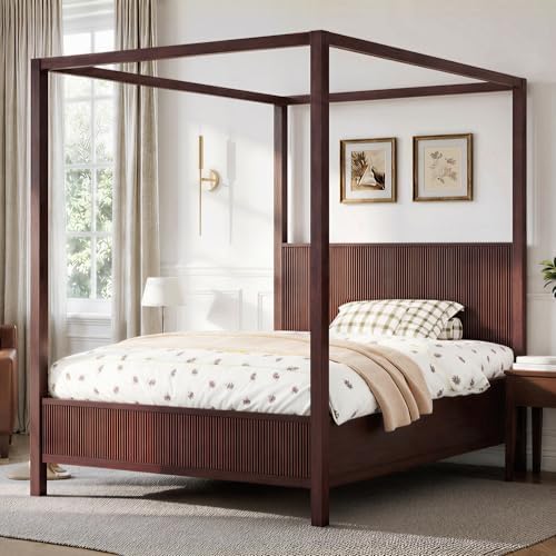 Queen Size Wood Canopy Bed Frame, Espresso Vintage Four-Posters Platform Bed Frames with Headboard, 10-Slat Support Wooden Post Beds, 6" Under Bed Storage, Easy Assembly (Espresso, Queen, 75.5"H)