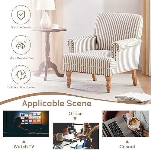 HUIMO Linen Fabric Accent Chairs Set of 2, Mid-Century Modern Armchair with Solid Wood Legs, Single Sofa Chair,Upholstered Reading Club Chair (2, Brown and White Stripe)