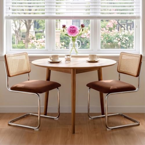 Zesthouse Rattan Dining Chairs Set of 2, Mid Century Modern Dining Room Chairs with Natural Cane Mesh & Chrome Base, Brown Cesca Chair for Kitchen, Breuer Design Inspired, Upholstered Chenille Fabric
