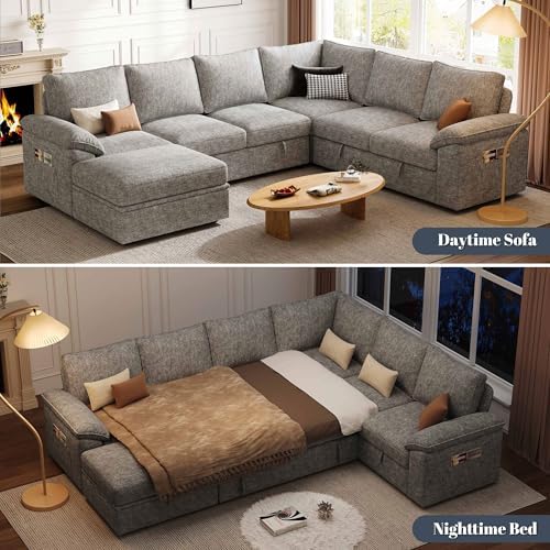 106'' Sleeper Sofa with Pull Out Bed, Modular Sectional Sofa , LightGray
