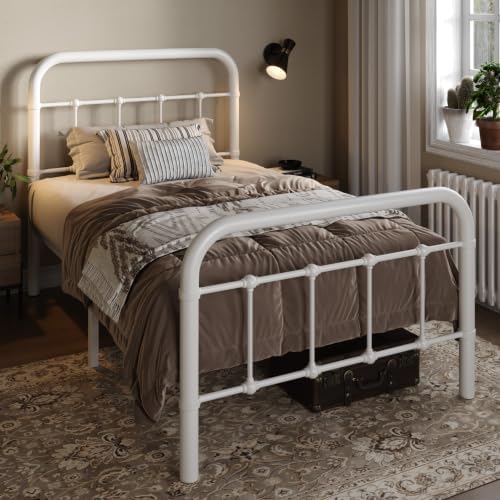 Allewie Twin Metal Bed Frame with Victorian Iron-Art Headboard, White
