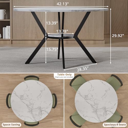 42" Round Dining Table for 2-4, Modern Kitchen Table with Faux Marble Tabletop & Metal Legs, Space Saving Circle Table with Storage, Wood Kitchen & Dining Room Tables for Kitchen Dining Room