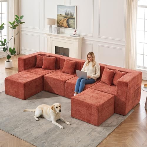 MONVANE Modular Sectional Cloud Couch for Living Room - 130'' 6 Seater Convertible Chenille Couches Set with Ottoman, No Assembly Compression Sofas, Comfy Floor Sofa with Memory Foam, Rust Red