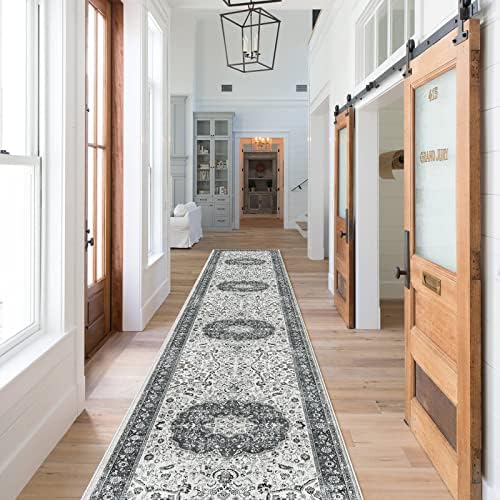 Hallway Washable Runner Rug - 2x10 Kitchen Rugs Entryway Rug Runner Vintage Soft Floor Mat Non Slip Indoor Farmhouse Carpet for Bathroom Living Room Bedroom (2 X 10, Grey)