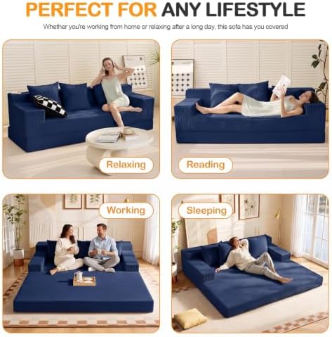 Erament 3 Seater Boneless Couch Sofa Bed, 78'' Corduroy Oversized Loveseat Folding Sofas Bed, Compression Convertible Futon Floor Couch Sofa Beds with 3 Pillows for Living Room Bedroom Apartment