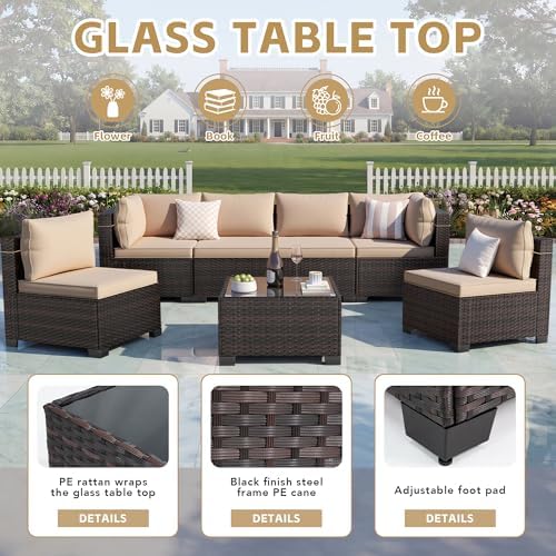 LEVELEVE 9 Pieces Outdoor Patio Furniture Sets,Rattan Conversation Sectional Set,Manual Weaving Wicker Patio Sofa,w/Table&Ottoman