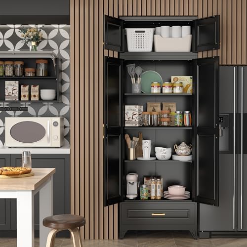 SteeLoong 90" Metal Storage Cabinet with Doors and 3 Adjustable Shelves | Kitchen Pantry Cabinet with 3 Drawers,Black Kitchen Cabinet with 4 Gold Handles,Food Cupboard for Livingroom,Pantry, Bathroom