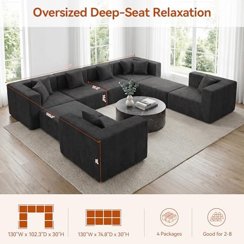 MONVANE Oversized U-Shaped 8 Seat Modular Sectional Sofa, Dark Grey