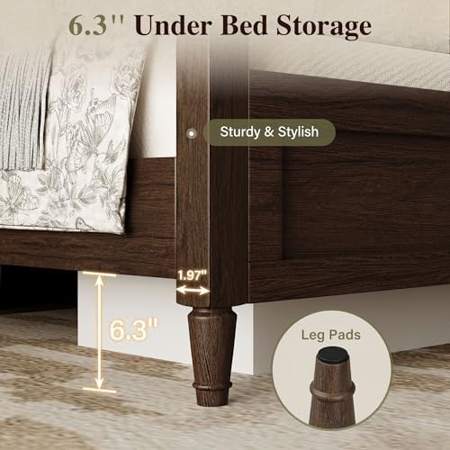 Belffin Wood Queen Size Bed Frame with Vintage Curved Headboard, Walnut