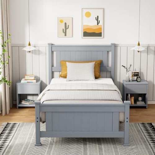Bonnlo Twin Size Solid Wood Platform Bed Frame Kids Bed, Single Bed with Headboard, No Box Spring Needed Panel Bed, Wood Slat Support Mattress Foundation, Gray