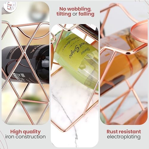 Gusto Nostro Countertop Wine Rack with Glass Holder for 8 Bottles & 4 Glasses, Small Modern Tabletop Wine Rack - No Assembly Wine Holder Stand for Home Kitchen Cabinet Wine Cellar Storage (Rose Gold)