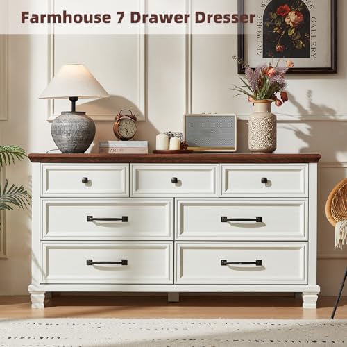 SAVOR LIFE Farmhouse 7 Drawer Dresser for Bedroom, White