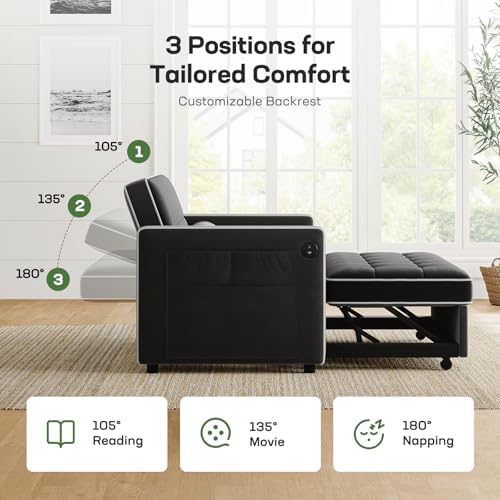 Marsail Futon Sleeper Sofa Bed, Convertible Pull Out Couch, Graphite Black