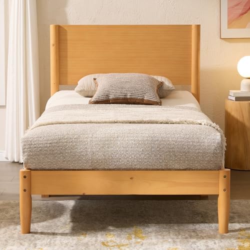 AMERLIFE Solid Wood Twin Bed Frame, Mid Century Bed with Headboard, Natural