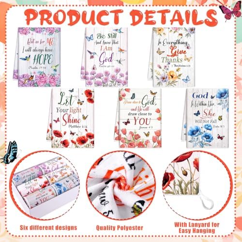 Redbaker 6 Pcs Christian Kitchen Towels, Floral Religious Dish Towel, Bible Absorbent Farmhouse Decorative Fast Drying Tea Dishcloth with Hanging Loop for Kitchen Bathroom Home Housewarming Gift