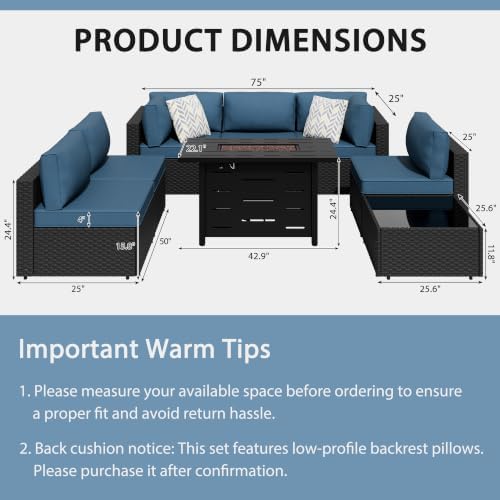 Shintenchi 8 Piece Outdoor Patio Furniture Set with 43 Inch Propane Fire Pit, Washable Cushions, Glass Coffee Table, Waterproof Cover & CSA Certified for Backyard Poolside, Black PE Rattan/Navy Blue