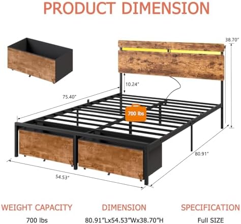 Forestell Full Size Bed Frame with Wood Headboard,2 Storage Drawers & Shelf