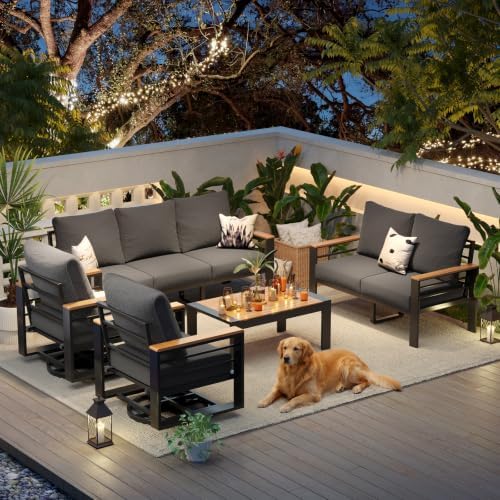 Aoxun Aluminum Patio Furniture Set 7 Seats with Swivel Chair, Oversized Outdoor Sectional with Washable Thick Cushions, Coffee Table, Patio Conversation Sets for Porch, Balcony, Deck,Dark Gray