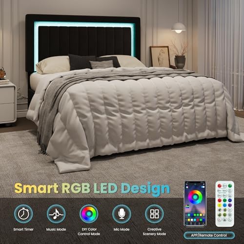 SHA CERLIN Queen Size Velvet Bed Frame with LED Light, Black