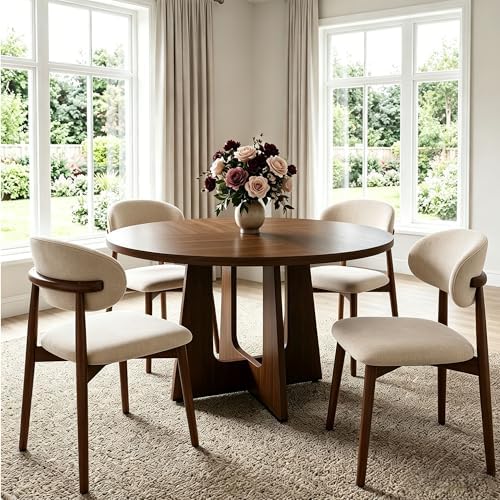 47" Round Dining Table Set for 4, 5 Piece Space Saving Kitchen Table and Chairs, Walnut Wood Finish Round Table with 4 Chairs for Small Apartment, Kitchen, Easy Clean,Walnut