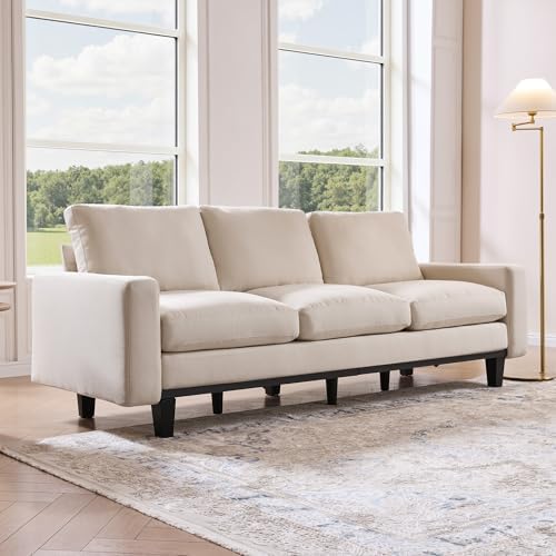 AMERLIFE 3 Seater Sofa, Deep Seat Couch with Metal Support, Linen Cream