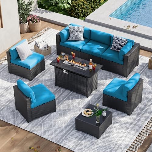 Aoxun 8 Piece Patio Furniture Set with 44” Fire Pit Table, Wicker Rattan Patio Sectional Sofa, Outdoor Furniture Set with Thickened Cushion, Peacock Blue