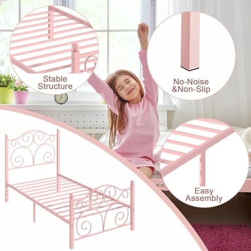 VECELO Twin Size Bed Frame with Headboard and Footboard, Heavy Duty Metal Slat Support, Platform Mattress Foundation, No Box Spring Needed, Easy Assembly, Light Pink